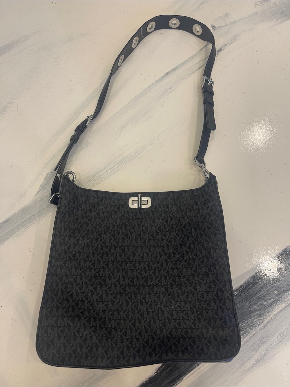 NEW Michael Kors Black Monogram Messenger Bag with Silver Hardware